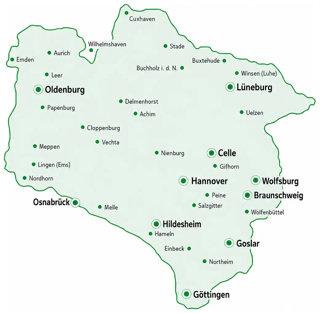 Karte von Niedersachsen mit Städten, in denen ich SEO-Betreuung anbiete
